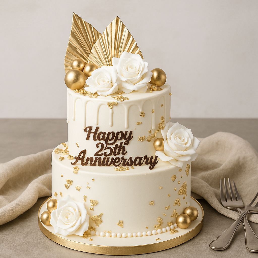 White & Golden Luxe Anniversary Cake